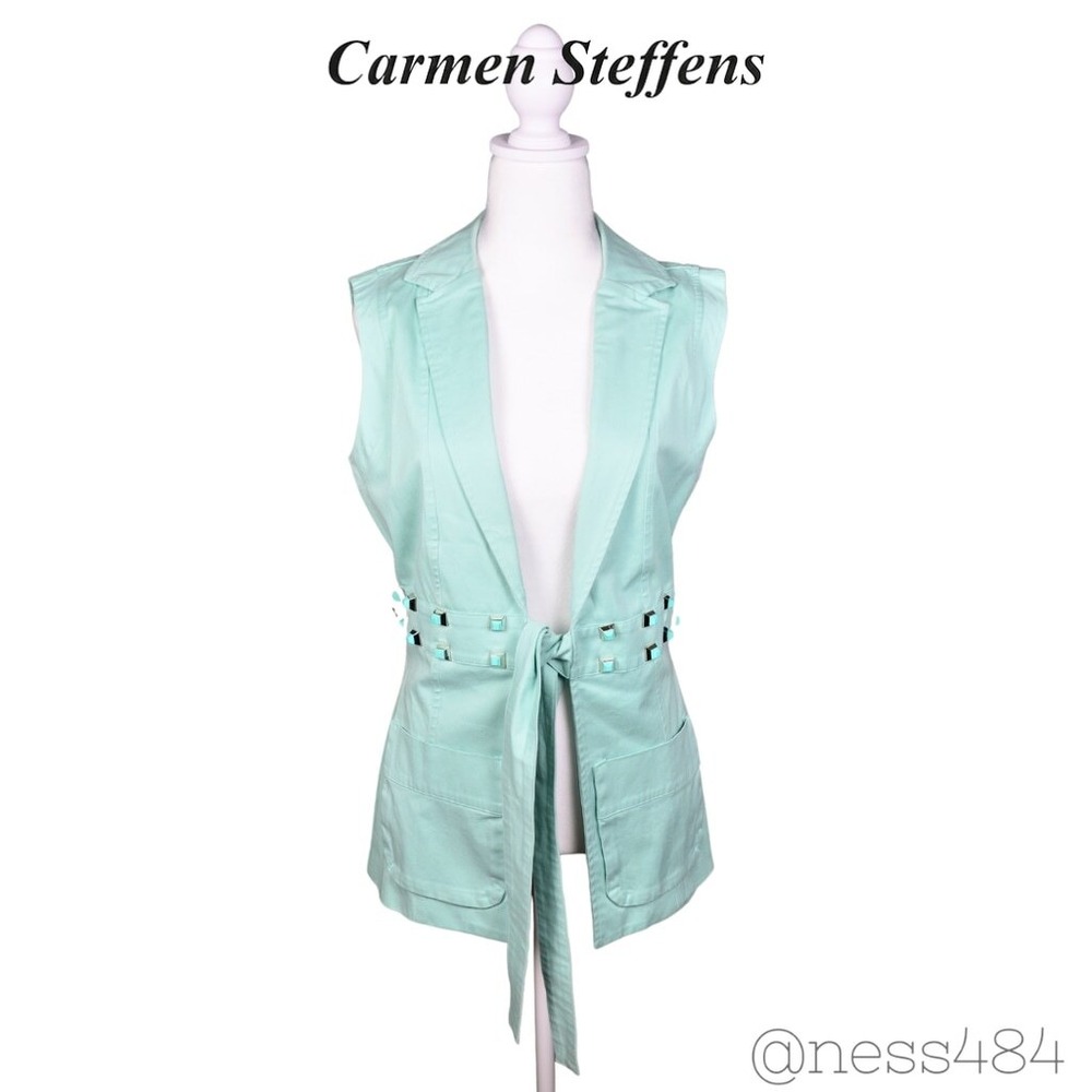 Carmen Steffens‎ Women's Mint Green Sleeveless Blazer Studded Tie Waist MEDIUM